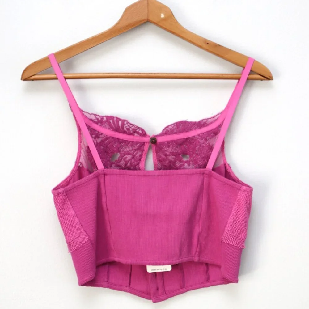 Free People Have My Heart Lace Tank Cotton Crop Top Pink Purple Buttons Summer - Picture 4 of 10